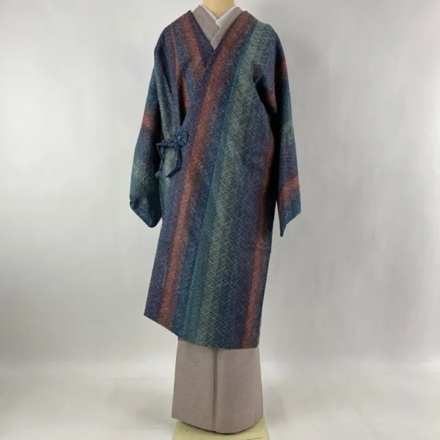 Woman Japanese Kimono Dochugi Haori Coat Jacket Silk Geometric Indigo