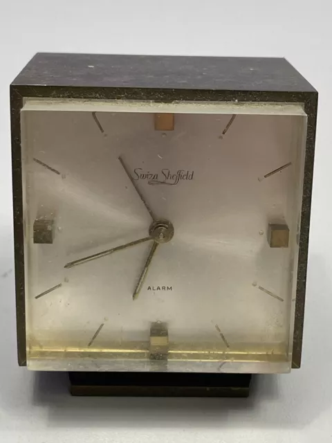 Vintage Swiza Sheffield 8 Day Brass Desk Travel Clock Alarm Runs PARTS REPAIR