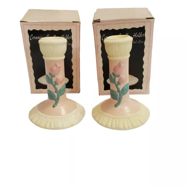 Vintage Ceramic Pink Rose Candle Stick Holders Old Stock Set Of 2