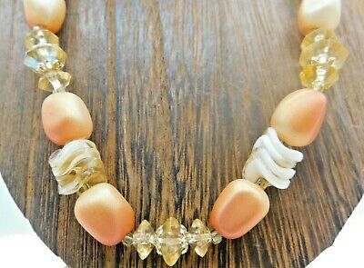 Vintage Peach Plastic Lucite Clear White Marble Bead No Clasp Layer 13" Necklace