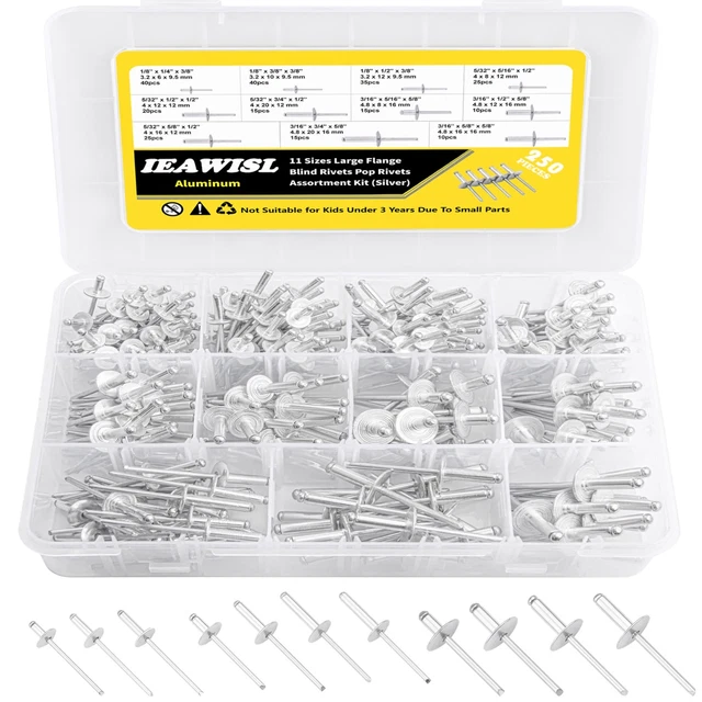 250PCS Large Flange Blind Rivets 11 Sizes Assortment Kit