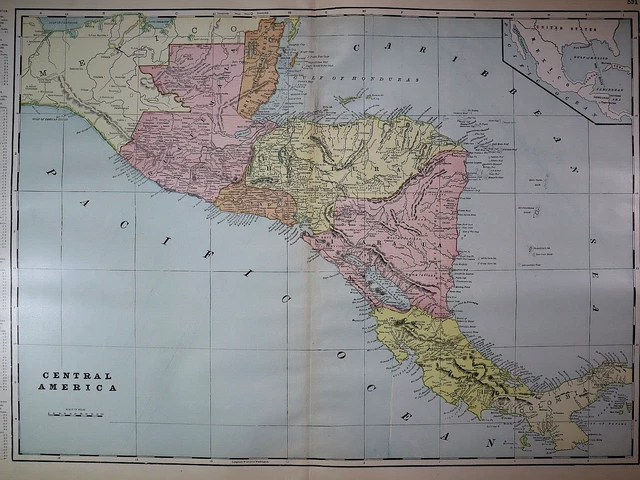 Old Authentic 1902 Cram Atlas Map ~ CENTRAL AMERICA ~ (XXL18x26) #1364