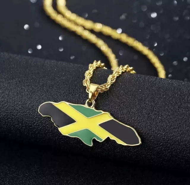 Gold Jamaica Flag Map Necklace Pendant & Chain Jamaican Caribbean UK