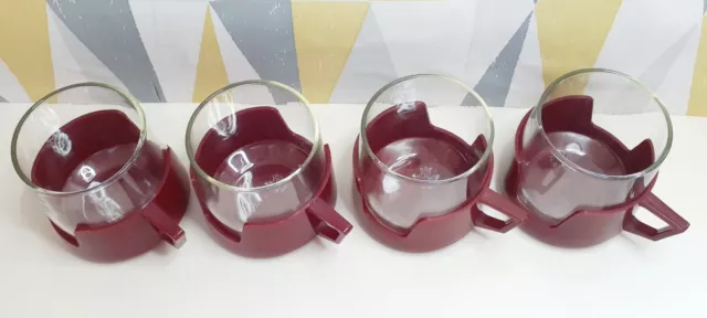 4 vtg JAJ Pyrex Drinkup cups glasses burgundy red holders c1960s VW camping 3