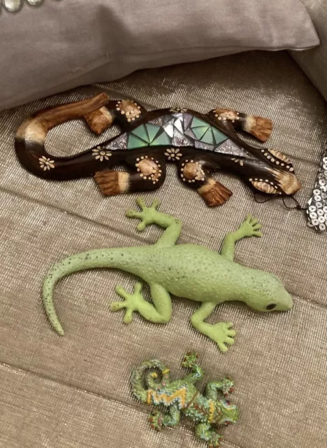 Juego de lagartos x 3 arte de vidrio colgante madera Geko adorno colorido estatuilla y juguete