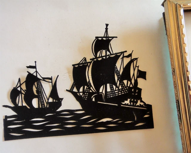 vintage BLACK SILHOUETTE SAIL BOAT SCHERINSCHNITTE paper cutting FOLK ART pa