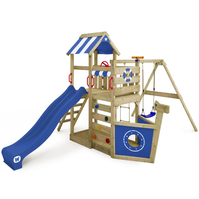 WICKEY SeaFlyer - Wooden climbing frame - Swing set with slide and sandpit