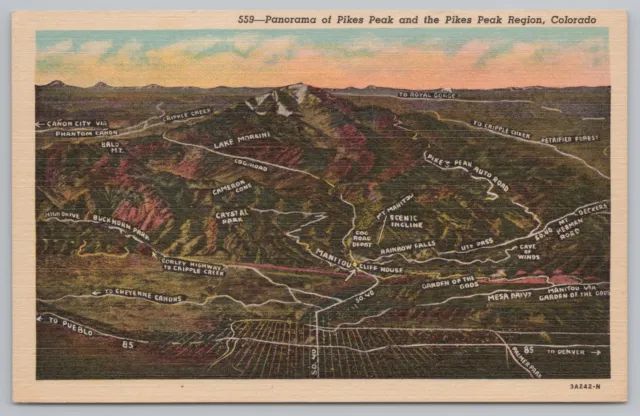 LINEN~AIR VIEW PIKES Peak & Pikes Peak Region CO~Vintage Postcard $1.75 ...