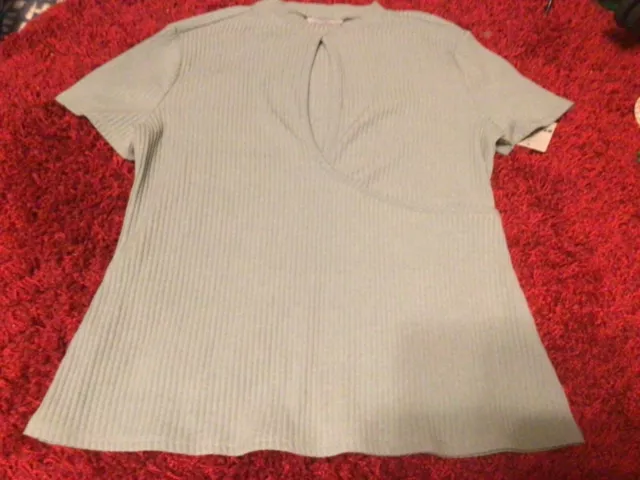 JCPenney Belle and Sky - Light JADESTONE Short Sleeve Ribbed Keyhole Knit Top XL