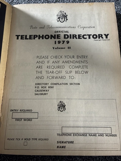 VINTAGE RHODESIA TELEPHONE Directory Book 1979 Salisbury to Zaka Yellow ...