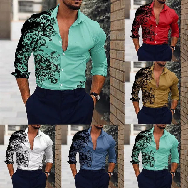 Mens Baroque Long Sleeve Muscle Shirt Casual Button Down Fitness Dress