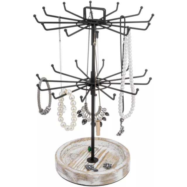 2 Tier Rotating Black Metal Jewelry Tree Tower, 24 Hooks Necklace Display Stand