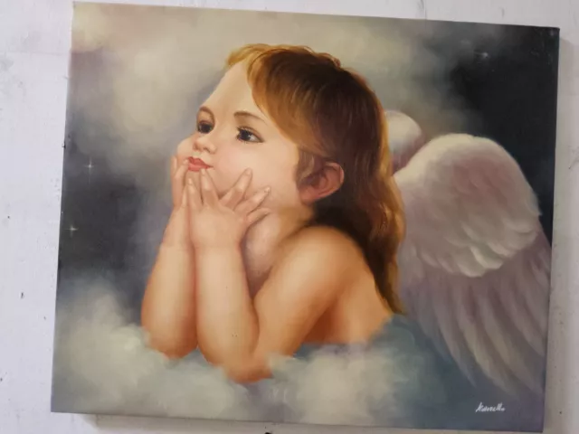 Quadro bambina angelo Dipinto a mano Olio su Tela 50x60 compreso telaio