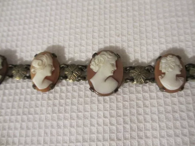 Antique Art Nouveau Deco 800 Sterling Silver Six Carved Shell Cameo Bracelet