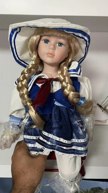 Vintage Porcelain Doll 19" on bench Danea collection Handmade