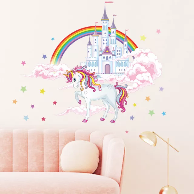Fairy Unicorn Wall Stickers Large Kids Girls Rainbow Pink Castle Bedroom Decals