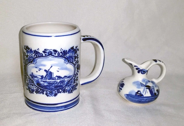 Vintage Elesva Holland Delft Blue White Windmill Ship Coffee Mug Beer Cream 8410