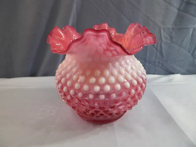 Fenton Cranberry Opalescent Hobnail Glass Large Rose Bowl Vase 5" Tall INV3