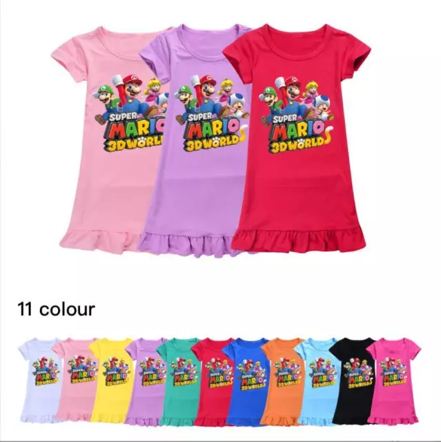 Super Mario Kids Girls Top Short Sleeve T-Shirt Pleated Dress Pyjamas Nightdress