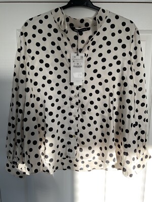 Zara Black & White Polka Dot Wrap Style Shirred Puff Sleeve Blouse Top - Size M