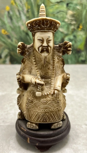 Vtg Chinese Hand-Carved Resin Emperor Figure wooden base Throne Phoenix