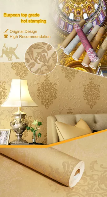 10M Elegant Luxury Damask Embossed Flock Textured Non-woven Wallpaper Roll 2