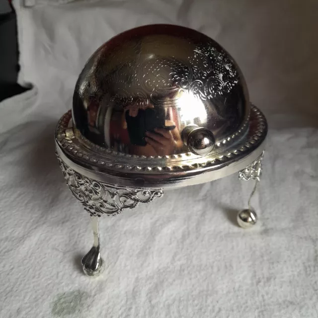 Vintage Silver Plated Breakfast Butter Caviar Retractable Lidded Globe Dome Dish