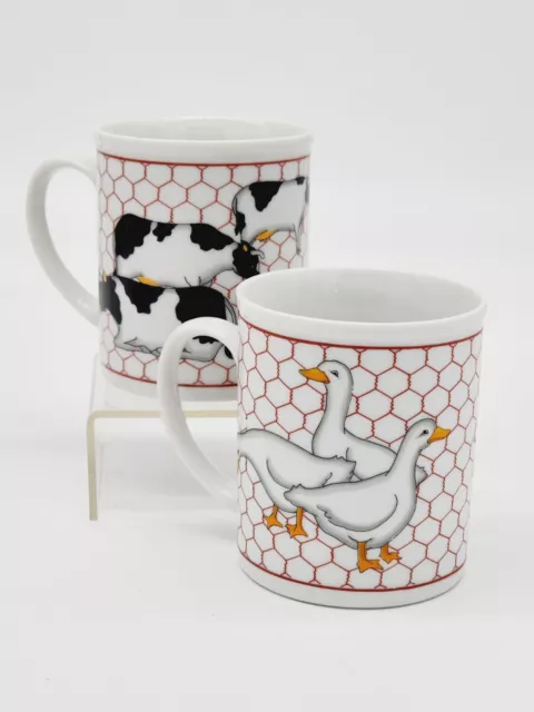 Vintage Set of 2 Chicken Wire Cow and Duck Mugs, Takahashi San Fran, Farmhouse
