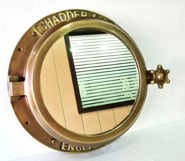 Ancien Marron Lourd Canal Bateau Hublot Fenêtre Bateau Rond Miroir Taille 40.6cm