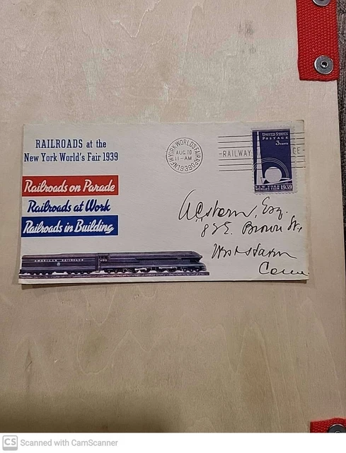 Unopened envelope Railroads at the New York World's Fair 1939 stamp /w obelisk
