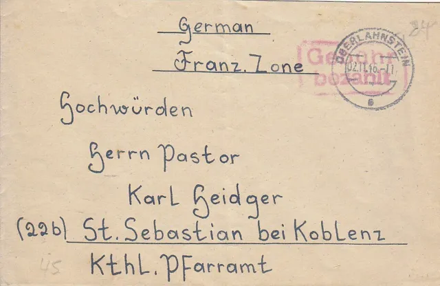 F.Zone - OBERLAHNSTEIN  - Gebühr bezahlt - Brief - 1946