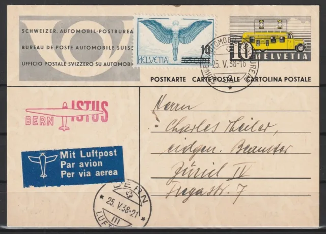 Schweiz Ganzsache Karte + ZuF Luftpost nach Zürich, 1938 #1097524