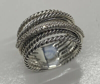 David Yurman Sterling Silver 925 Crossover Wide Cable Pave Diamond Ring Size 7