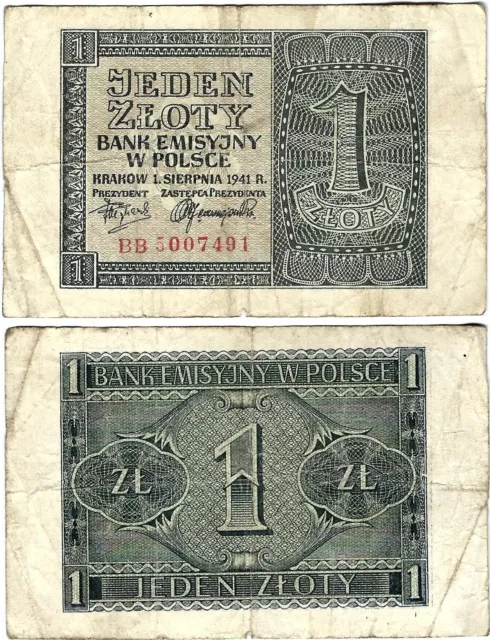 Polen Banknote 1 Zloty 1941 EMISSION BANK IN POLAND ZWK-34b Ro.579b P-99