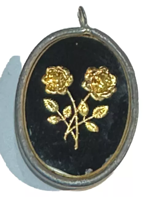 Black Vintage Antique Mourning Cameo Gold Rose Flower Thick Silver Tone Pendant