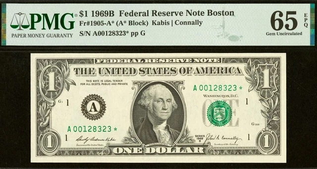 1969B $1 Federal Reserve Note Star PMG 65EPQ wanted Boston star Fr 1905-A*