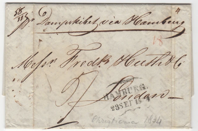 ⭐ HAMBURG 1834 Brief ⭐ Christiania/Norwegen ⭐ mit Dampfer via Hamburg n. London