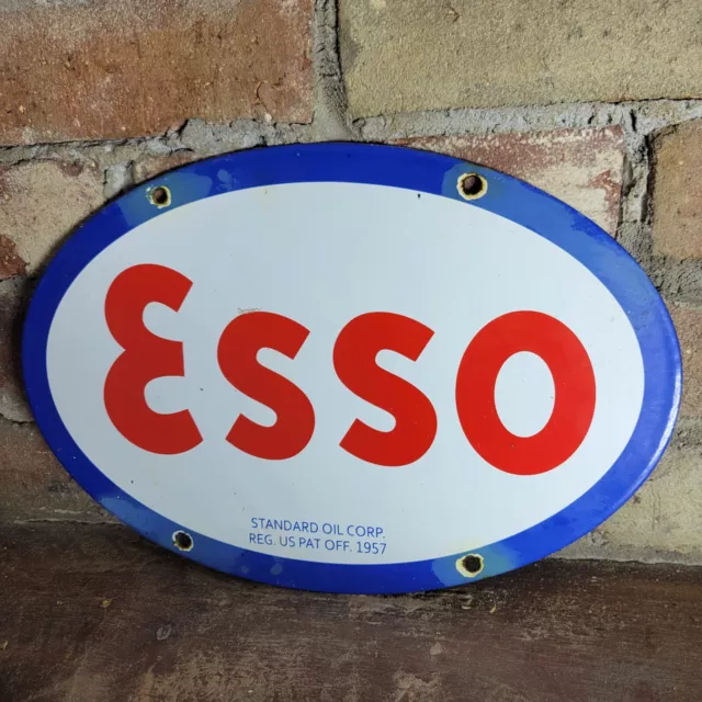 Old Vintage Dated 1957 Esso Fuel Oil Porcelain Enamel Gas Pump Sign 12" X 8"