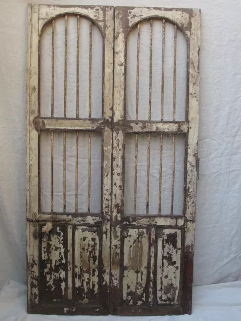 Antique Pair of Painted Double Doors w/ Iron Window Rods 71" X 39" X 1 5/8"