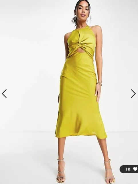 ASOS knot front Cut Out Backless satin midi Dress with olive Green Size 8