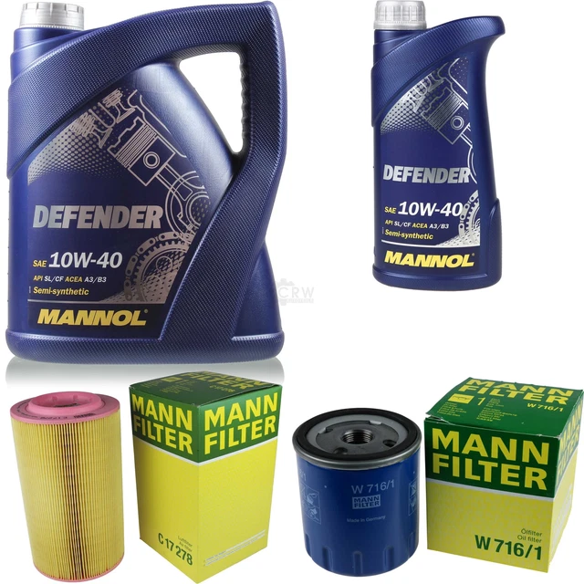 MANNOL Kit Manutenzione Auto - Filtro Olio, Aria E Abitacolo MANN-FILTER + Olio Motore Defender 10W-40 5L