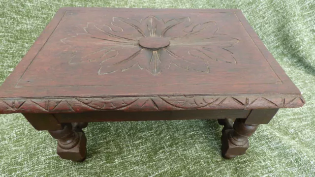 Small Antique English Victorian Carved Oak Footstool