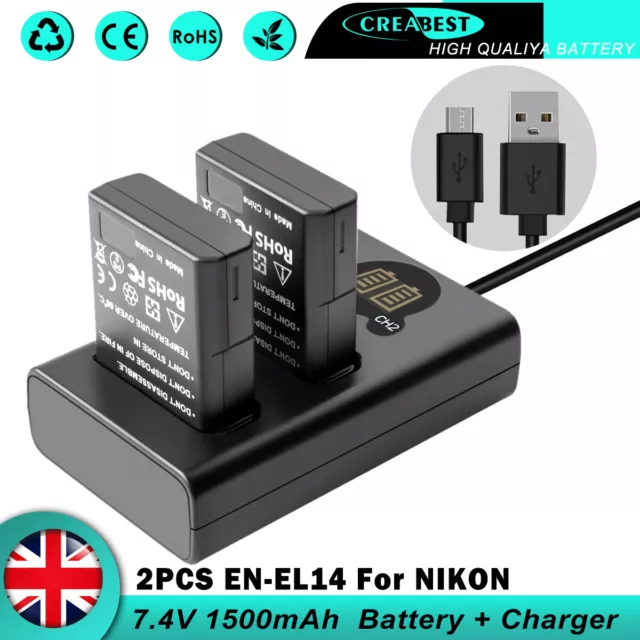 2x EN-EL14 EL14A Battery + Charger For Nikon P7000 P7100 P7700 D5200 D3100 D3200