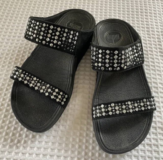FitFlop Sandals Womens Size 6 Flare Strobe Black Slip On Shoes Black Rhinestone