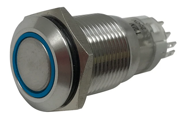 BLUE LED STAINLESS Metal Latching Push Button Switch On Off 12V - 16mm ...