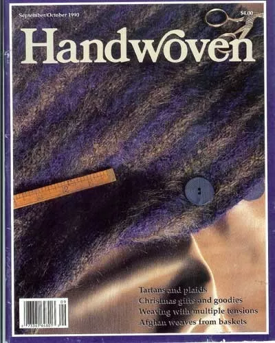Handwoven magazine sept/oct 1990: tartans, plaids, boots, runner, jacket, afghan