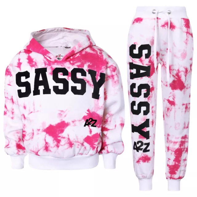 Kids Girls Tracksuit Tie Dye Sassy Print Pink Hooded Crop Top Bottom Jogg Suits