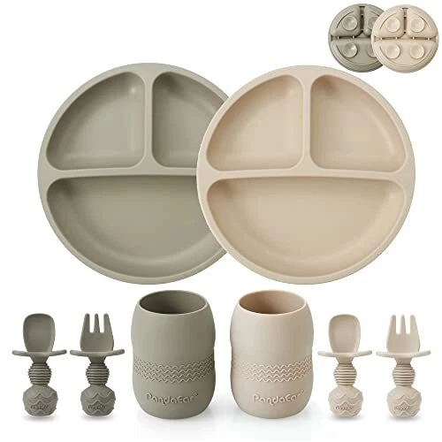 Silicone Baby Feeding Set| 2 Pack Silicone Divided Suction Plate and 2 Pack T...