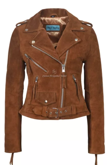 Ladies BRANDO Tan Suede Leather Jacket BIKER STYLE SOFT REAL LEATHER MBF