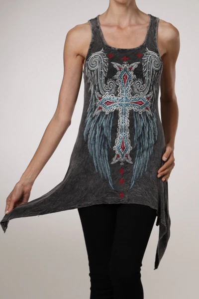 New Black Tank Top with Angel Wing Cross and Asymmetrical Hem